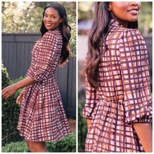 Gal Meets‎ Glam Purple Lindsey Brushstroke Plaid 3/4 Sleeve Dress 8 NEW
